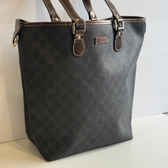GUCCI GG Pattern Shoulder Hand Tote Bag Vintage PVC Leather Brown Italy AUTHENTI - Picture 2 of 11